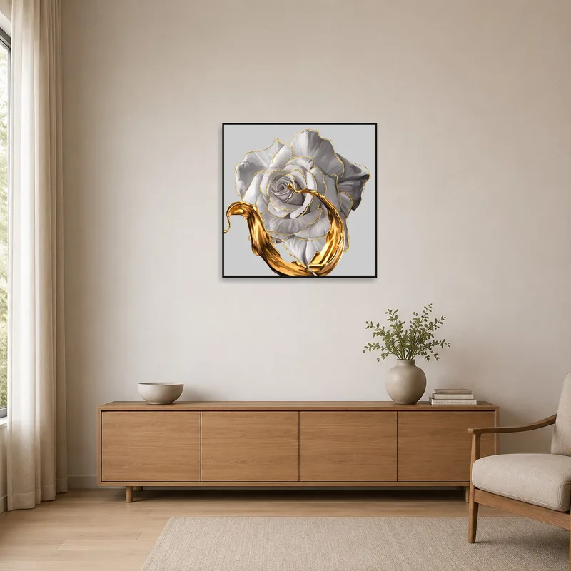 Golden Elegance artwork complementing sleek minimalist furnishings.