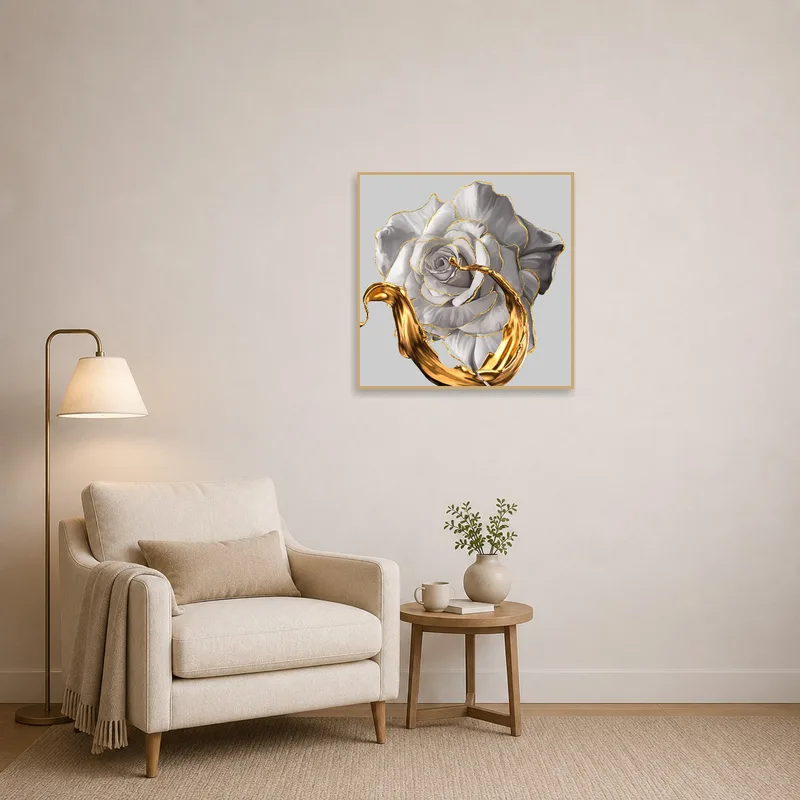 Golden Elegance artwork adding charm to a cozy reading corner.