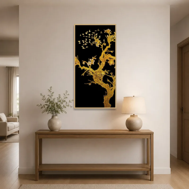 Entrance hall featuring a bird and flower themed artwork.