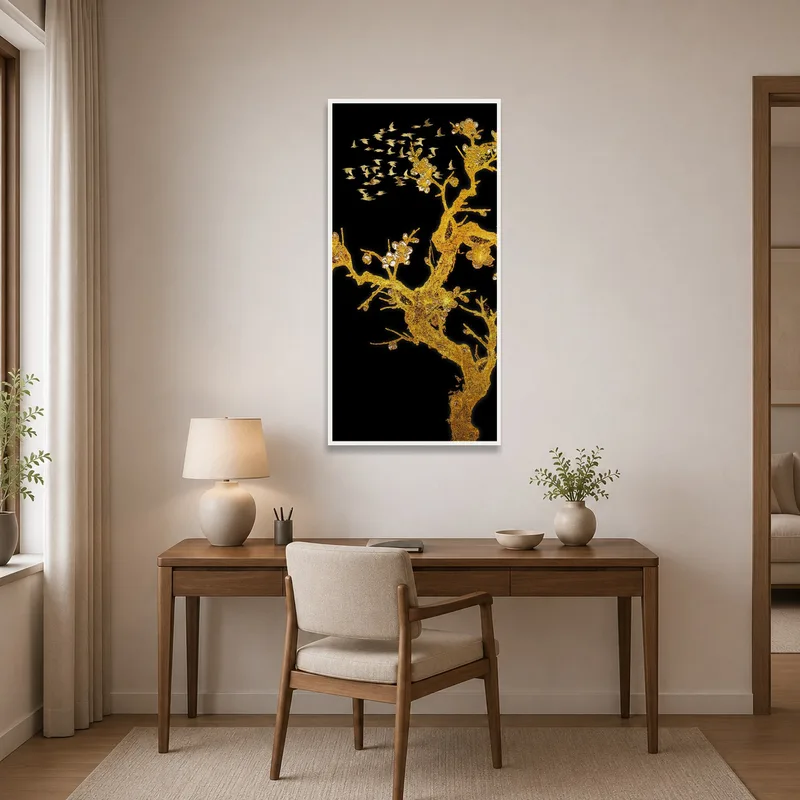 Home office enriched with a golden birds and flowers piece.