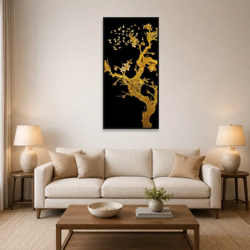 Golden elegance artwork of birds and blossoms brightens the living room.