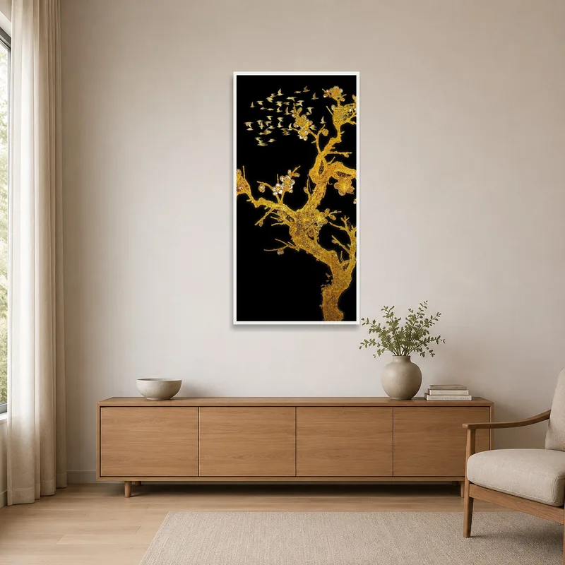 Minimalist room adorned with a birds and blossoms artwork.