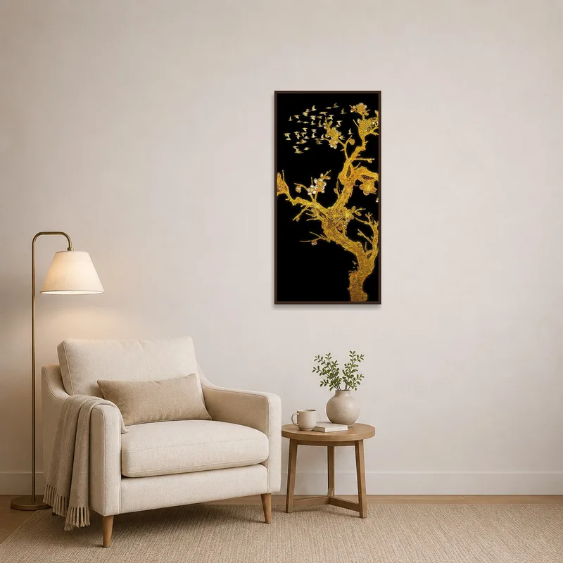 Reading corner enlivened by an elegant birds and blossom piece.