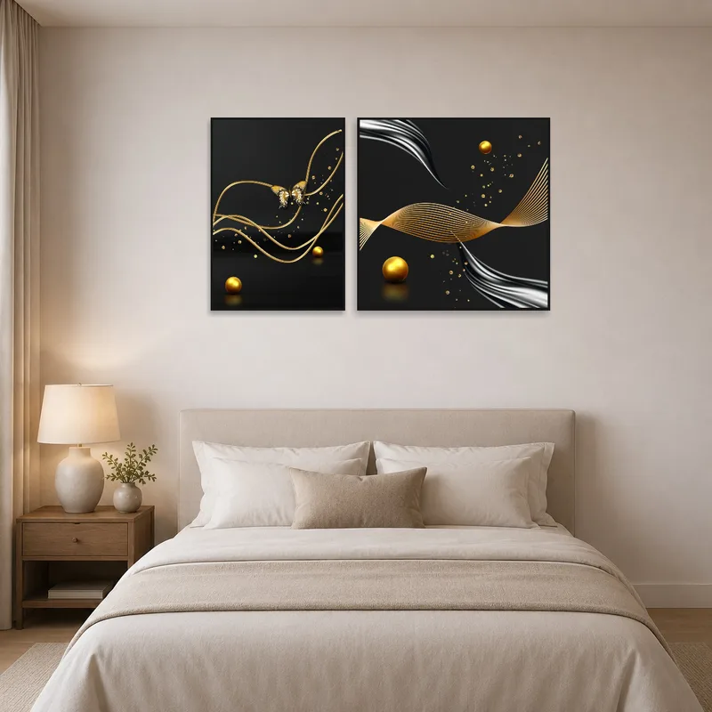 Bedroom adorned with Golden Elegance work, enhancing the relaxing atmosphere.