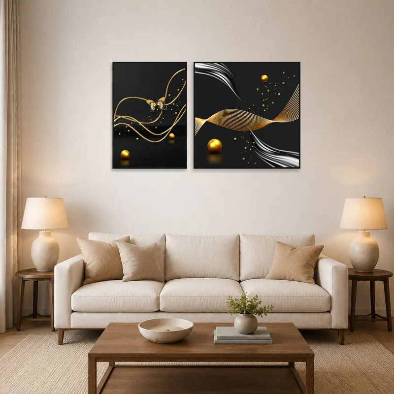 Golden Elegance art piece on a living room wall adds luxury beside a modern sofa.