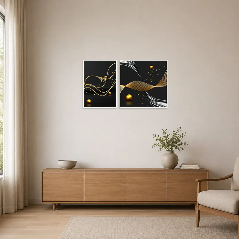Simple space highlighted by the Golden Elegance piece on a stark white wall.