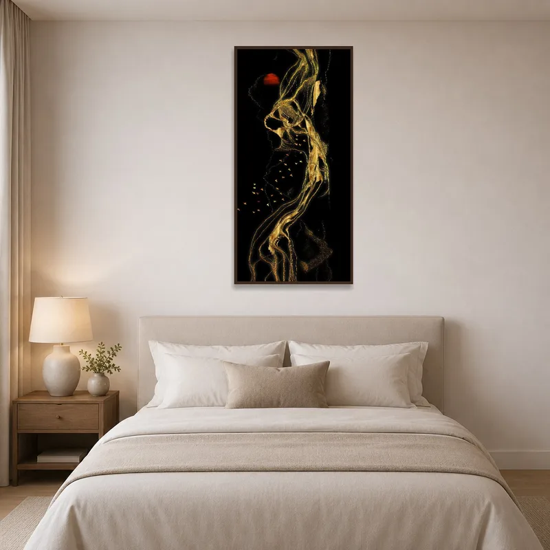 Golden Elegance in Abstract Nightscape above the bed in a tranquil bedroom setting.