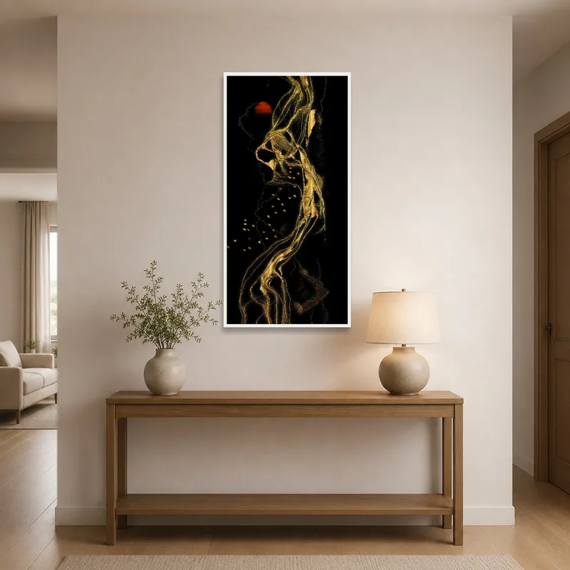 Golden Elegance in Abstract Nightscape displayed in an entrance hall with a console table.
