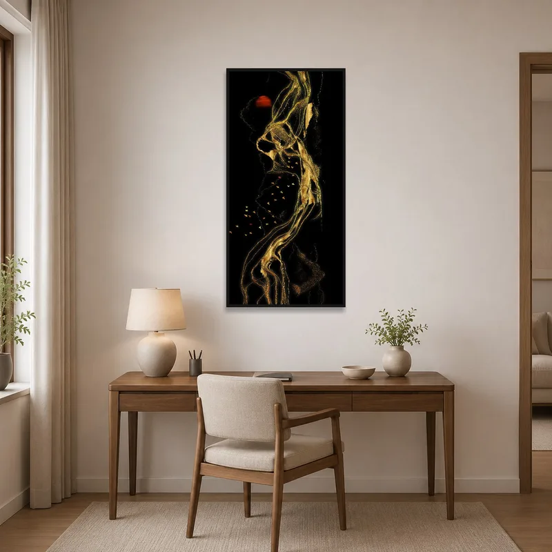 Golden Elegance in Abstract Nightscape bringing inspiration to a stylish home office.