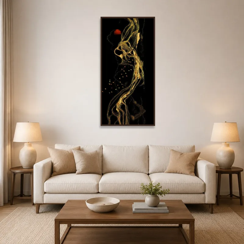 Golden Elegance in Abstract Nightscape on a living room wall above a modern sofa.