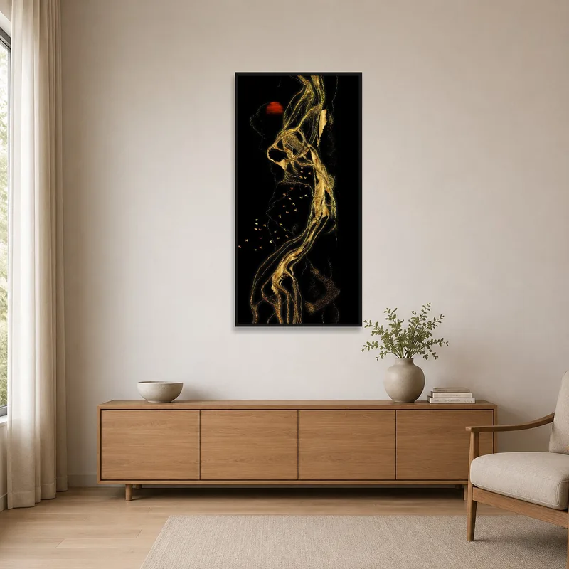 Golden Elegance in Abstract Nightscape in a minimalist room with sleek furniture.