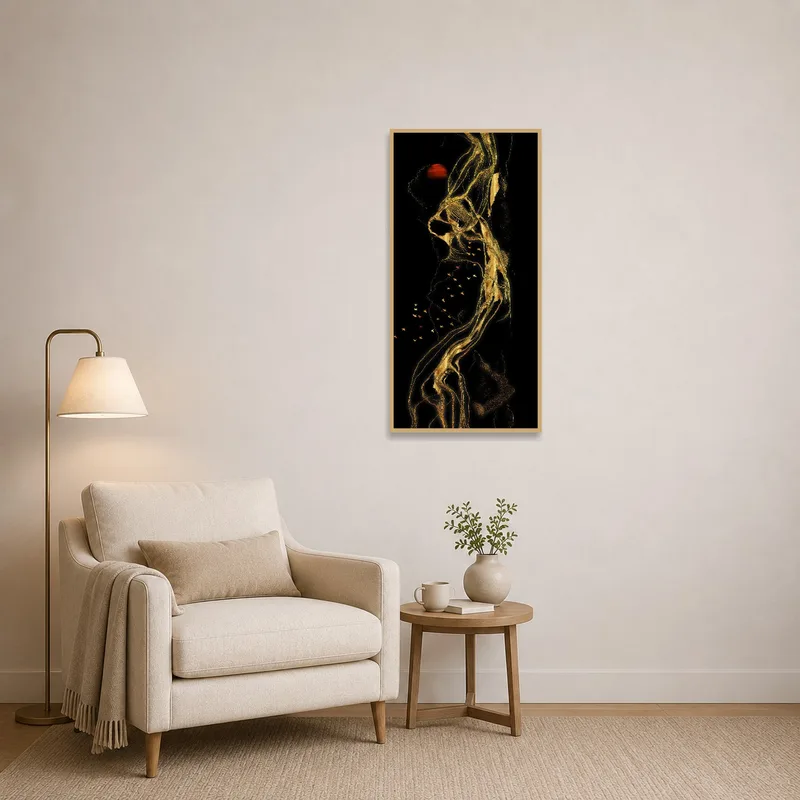 Golden Elegance in Abstract Nightscape adding charm to a cozy reading corner.