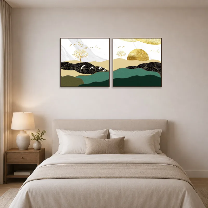 Golden Elegance landscape set in a bedroom, providing a calming and refined backdrop for relaxation.