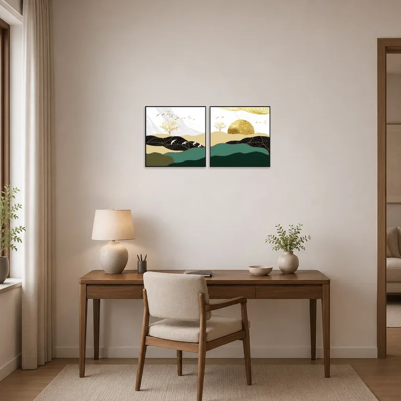 Golden Elegance art displayed in a home office, inspiring creativity and adding elegance to the workspace.