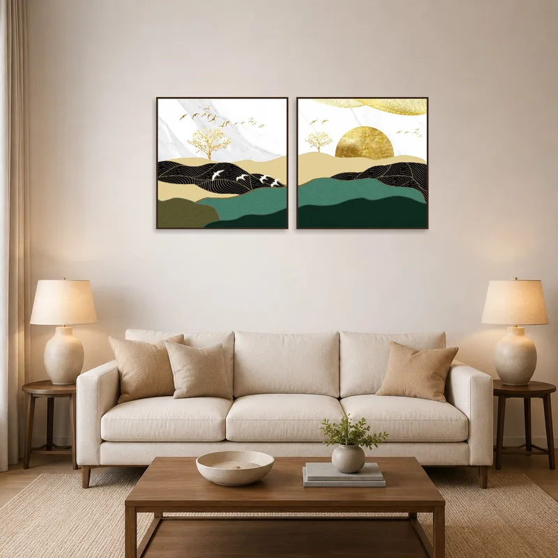 Golden Elegance landscape set on a living room wall, complementing a stylish and cozy sitting area.