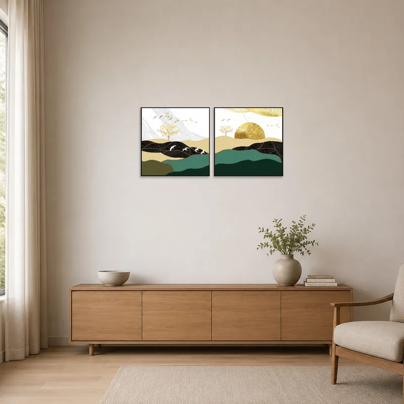 Golden Elegance prints showcased in a minimalist room, adding a touch of sophistication and warmth.