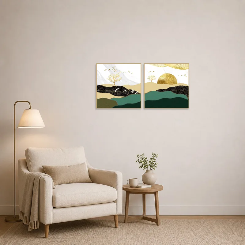 Golden Elegance landscapes adorn the wall of a reading corner, enhancing a serene and inviting nook.