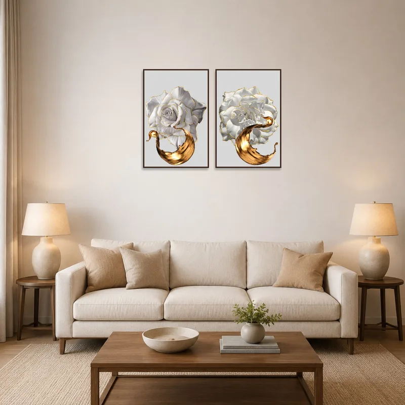Golden rose and fluid art pair hangs elegantly above a modern sofa.