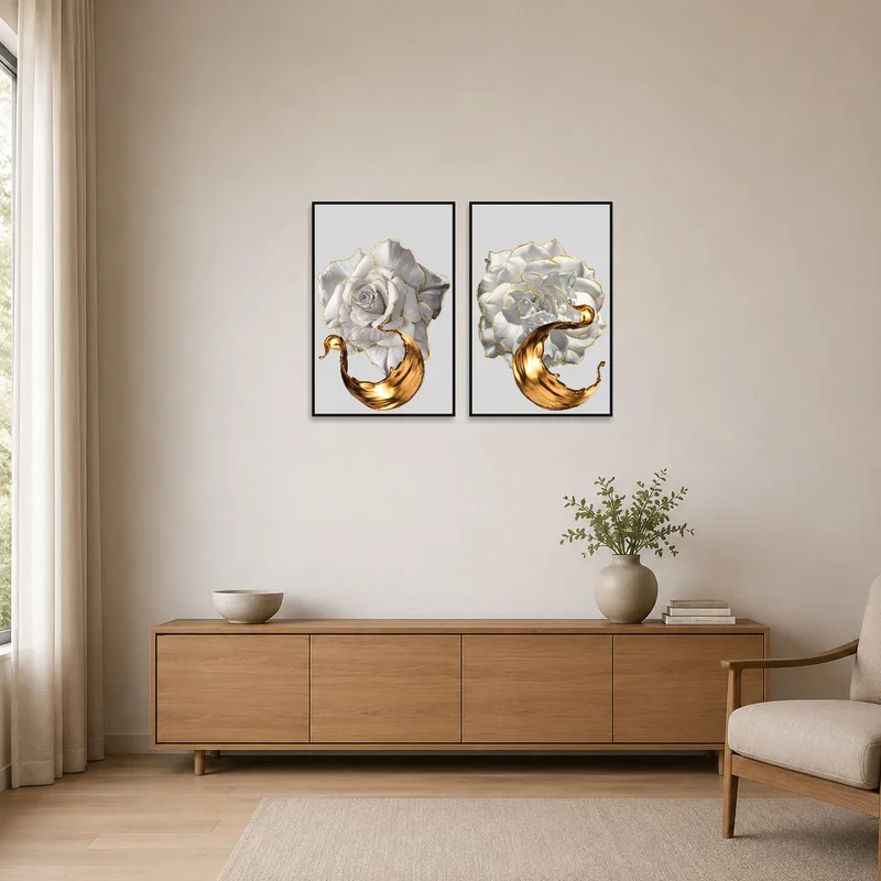 Simple, clean space featuring the golden rose and fluid art duo.