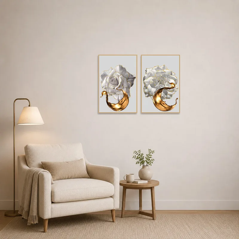 Warm reading nook adorned with the golden art pair for visual interest.