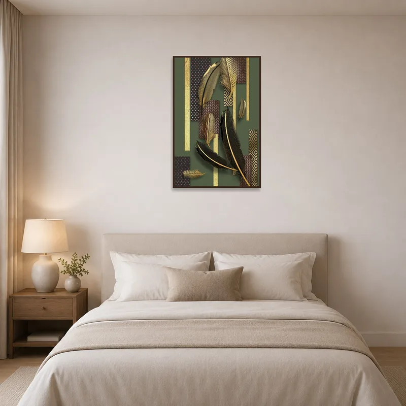 Golden Feathers art print harmonizing with a serene bedroom ambiance.