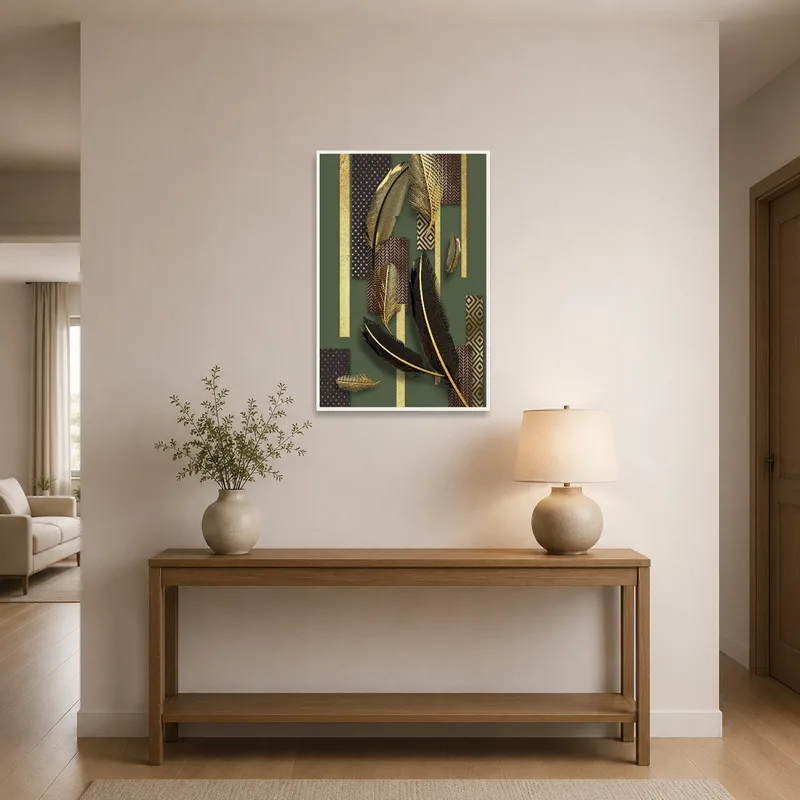 Golden Feathers art print enhancing the entrance hall with a stylish geometric design.