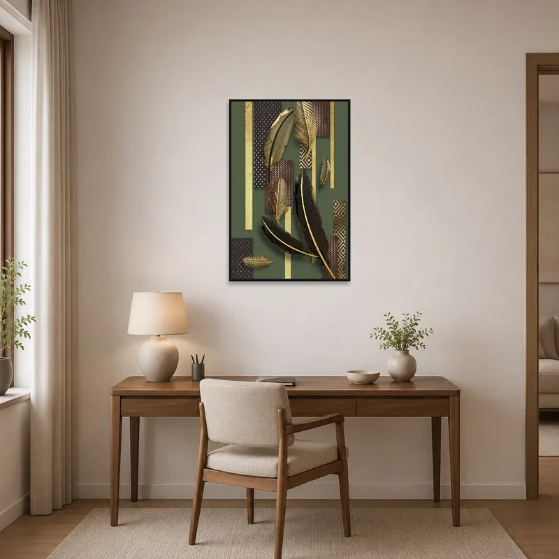 Golden Feathers art print inspiring creativity in a contemporary home office.