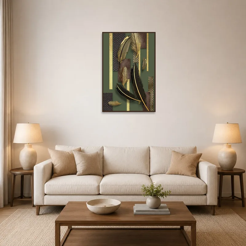 Golden Feathers art print on geometric patterns above a sleek sofa in a modern living room.