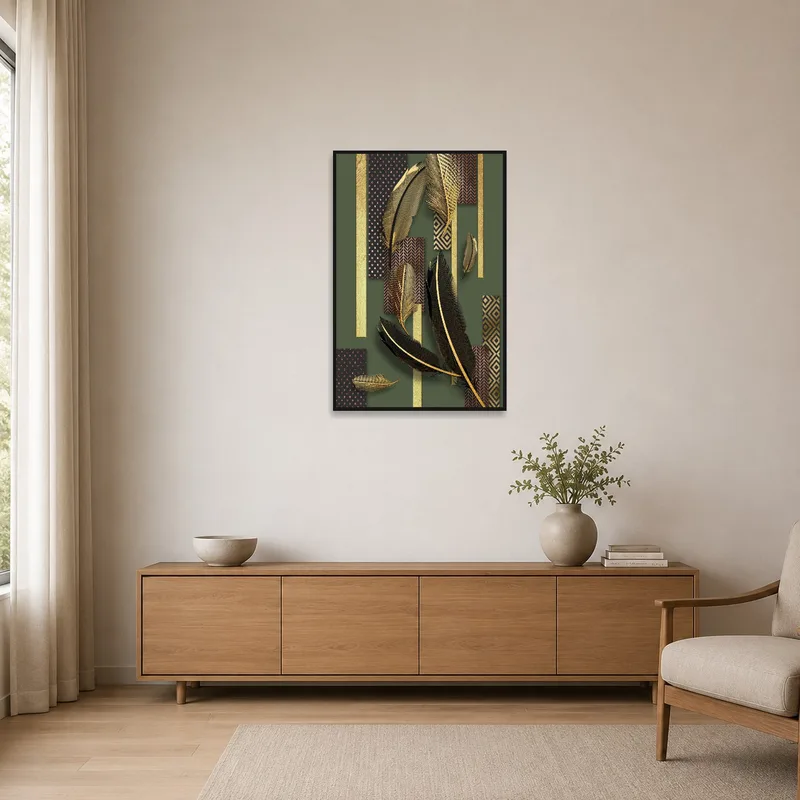 Golden Feathers art print adding elegance to a minimalist room with clean, simple lines.