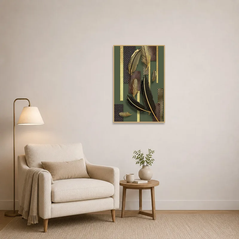 Golden Feathers art print bringing a touch of luxury to a cozy reading corner.