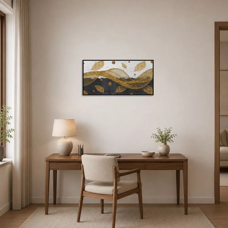 Golden feather and wave art inspires creativity in a sleek home office.