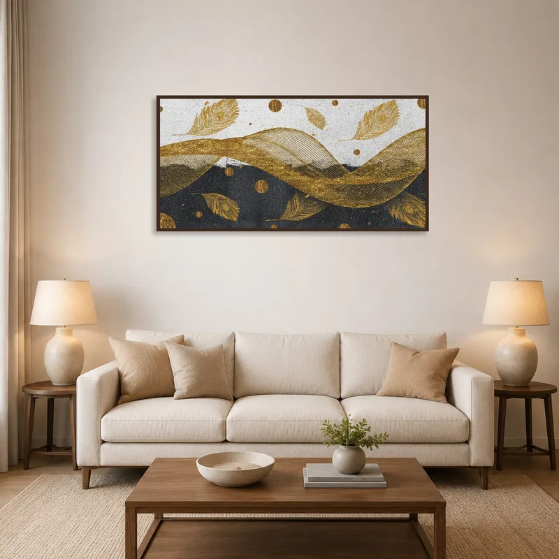 Panoramic artwork of golden feathers and waves adorning a modern living room wall.