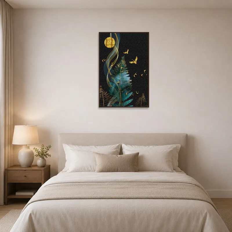 Golden ferns and birds print adds tranquility to the bedroom, complementing soft bedding and ambient lighting.