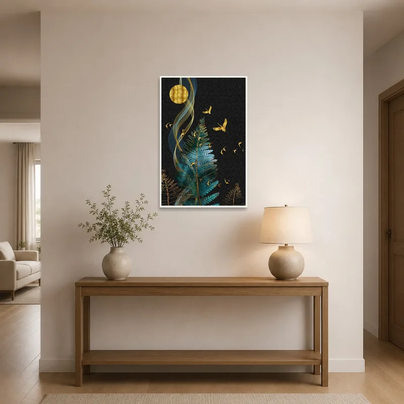 Golden ferns and birds print greets visitors in the entrance hall, creating an inviting atmosphere.