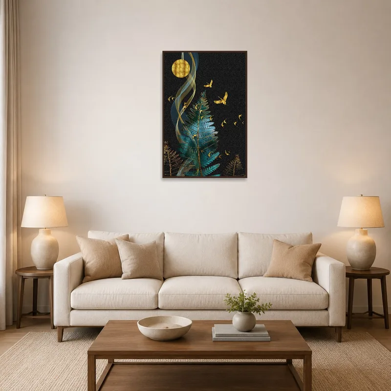 Golden ferns and birds art print adorns the living room wall, adding a touch of nature to the space.