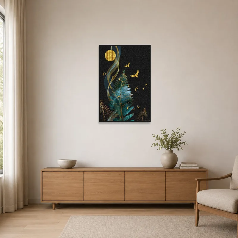 In a minimalist room, the art print with golden ferns and birds provides a focal point on a bare wall.