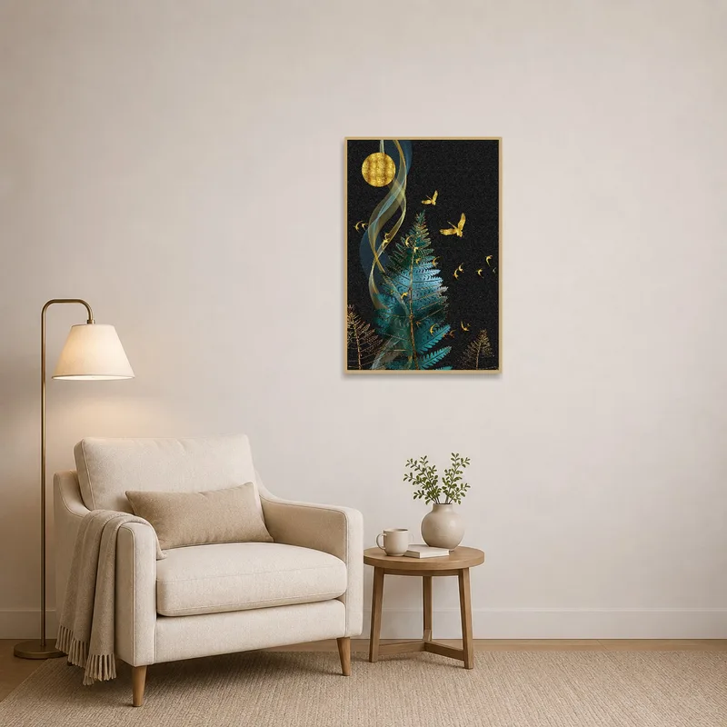 The art print of golden ferns and birds enhances the reading corner with a calming, nature-inspired vibe.