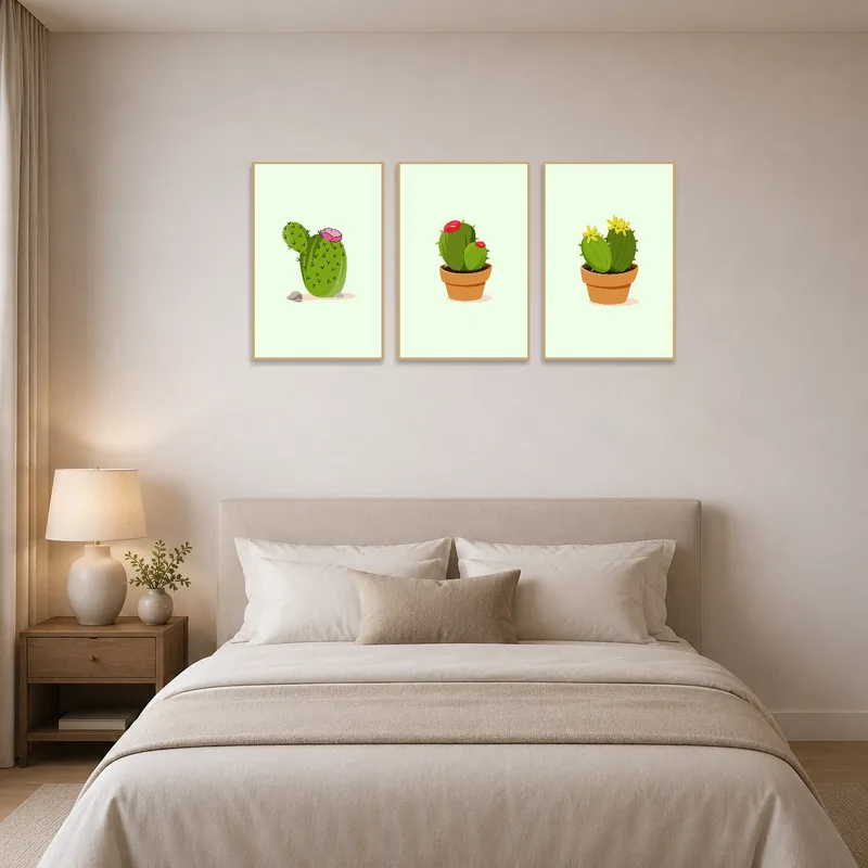 Cactus set introduces a vibrant mood to the bedroom decor.