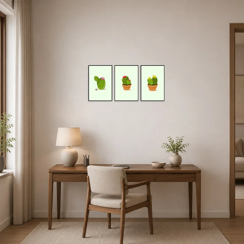 Cactus trio enlivens the ambiance in a home office.