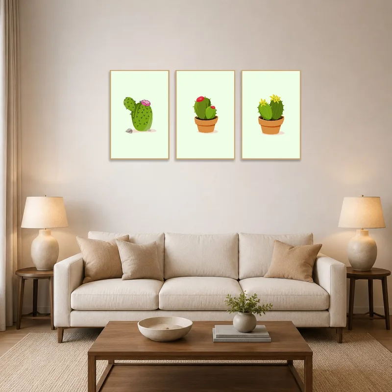 A trio of cactus prints adds a lively touch to the living room.