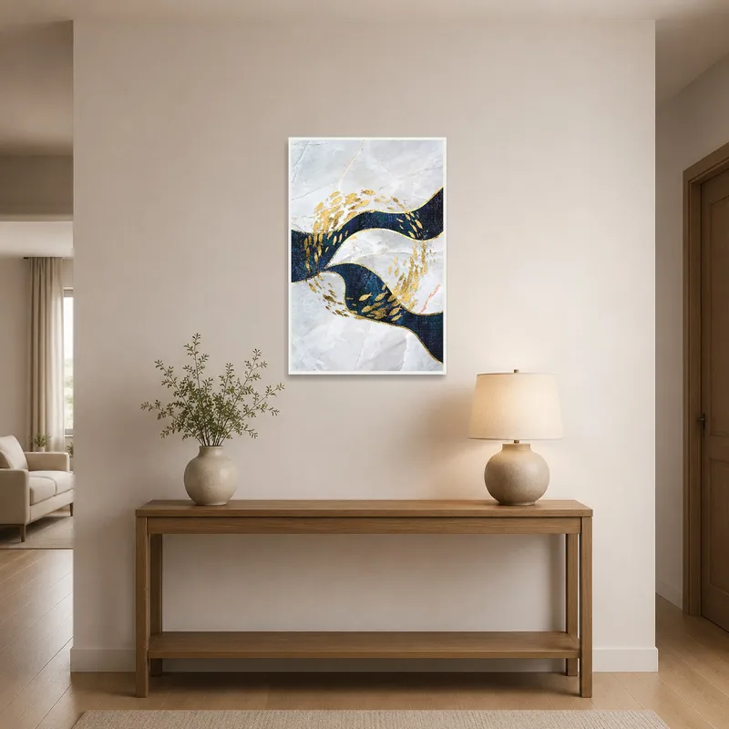 Golden fish dance artwork welcomes in a chic entrance hall.
