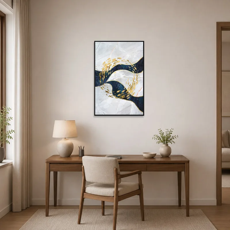Home office embellished with an artwork of golden fish on marble waves.