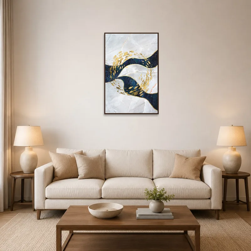 Golden fish dance art piece set against marble waves in a stylish living room.
