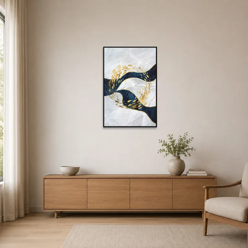 Minimalist room with marble wave art featuring golden fish dance.
