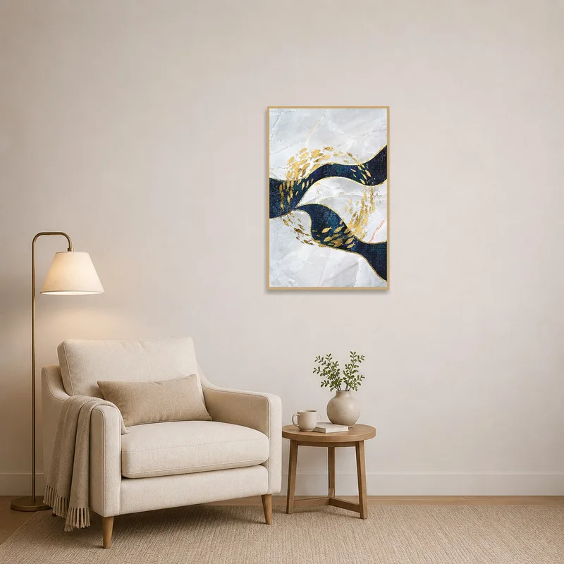 Cozy reading corner adorned with golden fish and marble wave art.