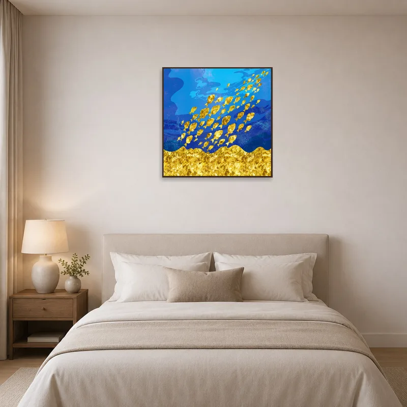 Golden fish artwork adding elegance to a serene bedroom setting.