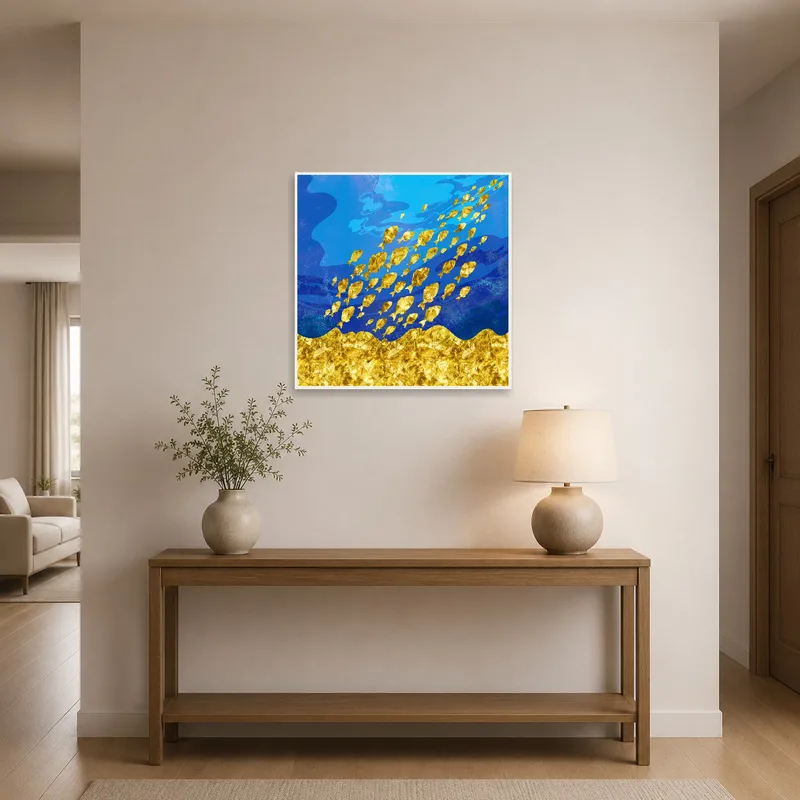 Eye-catching golden fish print greeting guests in a stylish entrance hall.