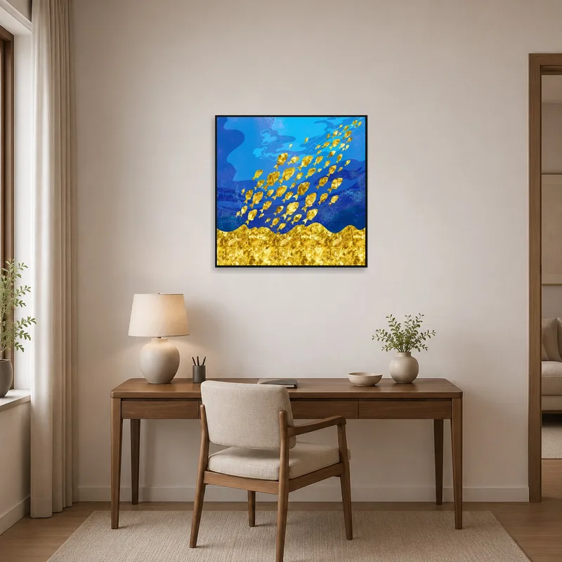 Vibrant ocean-themed print inspiring creativity in a modern home office.