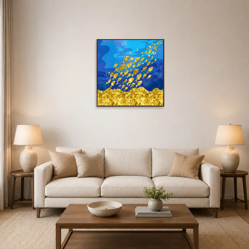 Golden fish abstract print on a wall above a comfortable sofa in a living room.