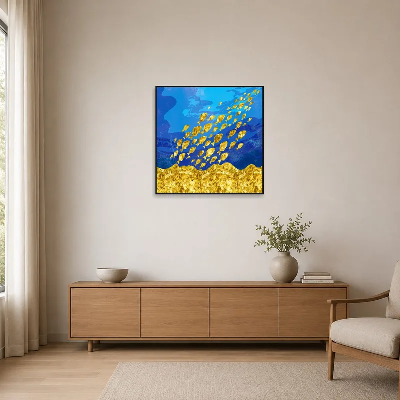 Abstract print with golden fish accentuating a white minimalist space.